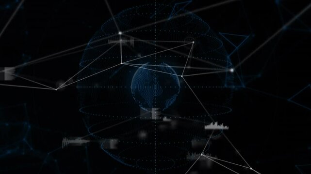 Globe emerging on dark background waveform appearing network pulsing visualizing digital interface - Powered by Adobe