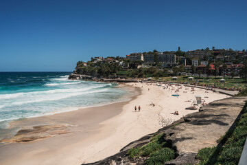 Sydney, Australia - January 2025 : Busy Bronte beach during a summer day