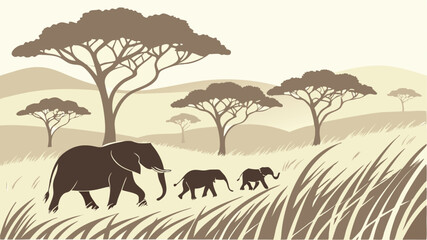 Fototapeta premium Golden sunset silhouettes wild elephants on an African safari landscape