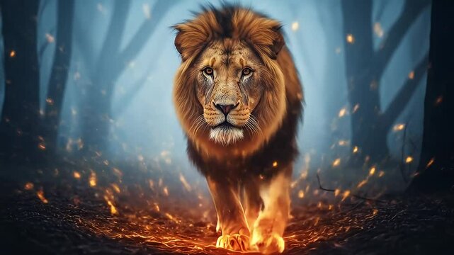 Majestic lion running with fiery glow in mystic forest. 4K Video