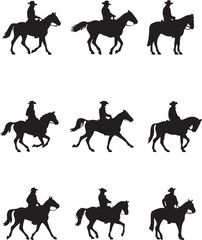silhouettes riding horses on a plain white background