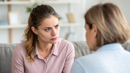 Woman with furrowed brow in conversation with another person indoors