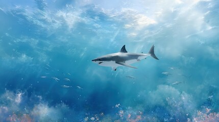 A great white shark swims in blue ocean water with small fish schooling nearby