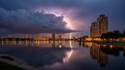 Fototapeta premium Dramatic lightning strikes illuminate a city skyline reflected in a calm lake during a stormy evening