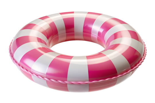 A pink and white striped inflatable ring float is ready for summer fun at the pool or beach isolated on transparent background