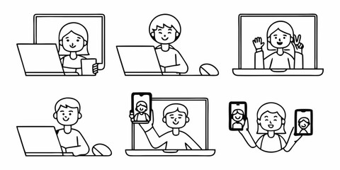 People communicating via video call on laptops and smartphones isolated on white background