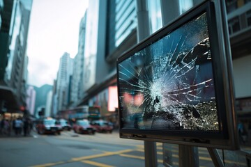 Cracked electronic billboard screen displayed in a city, reflecting the challenges of urban tech.