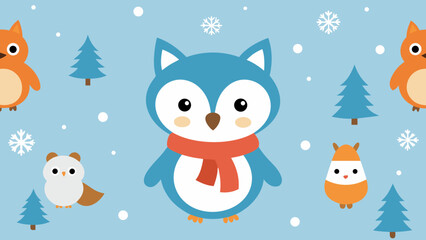Fototapeta premium A festive cartoon vector illustration of funny animals celebrating Christmas and New Year's with Santa hats, gifts, a snowman, and a decorated tree in the snow