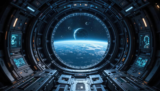 Holographic Space Control Room Overlooking Earth