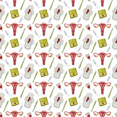 Colorful pattern featuring medical illustrations of the human reproductive system in a clinical design setting