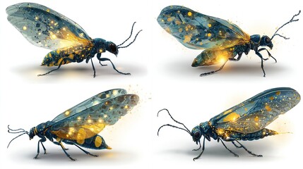 Four images depict digital art of glowing insects with transparent wings and body with shimmering gold