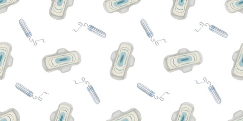 Various sanitary products arranged on a clean white background representing women's health and hygiene