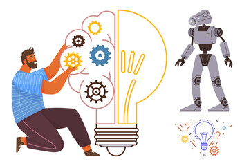 Inventor arranging colorful gears inside a light bulb, representing innovation, automation, and AI alongside a humanoid robot. Ideal for creativity, technology, problem-solving, design thinking