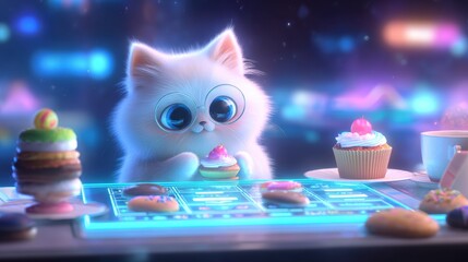 Adorable 3D Cat Choosing Dessert from Futuristic Holographic Menu.