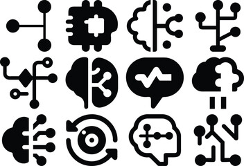 Vector art of a collection of ai and technology icons, representing data processing, network connections, and system intelligence isolated on transparent background.