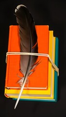 stack of colorful books with a feather.
