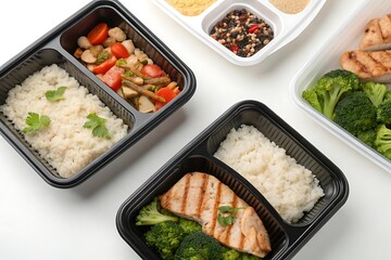 Tray of food with rice and broccoli