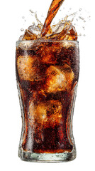A close-up of a glass filled with cola and ice cubes, with cola being poured into the glass, creating bubbles and splashes.
