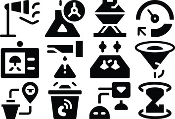 Vector art of a collection of black glyph icons representing various technological and scientific concepts, including control systems, sensors, and data analysis isolated on transparent background.
