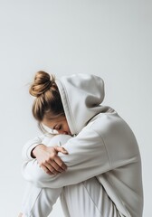 Young woman in hoodie embraces knees, conveying sadness and introspection