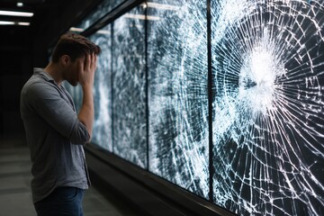 Man observing a cracked screen, focusing on the damage and its effect on the devices functionality.