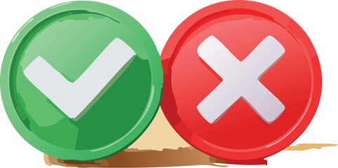 Obraz premium green and red tick and cross button, 3d vector symbol on transparent background.vote, ok, knob, illustration, red, sign, symbol, vector, agreement, checklist, checkbox, choice, three dimensional, 