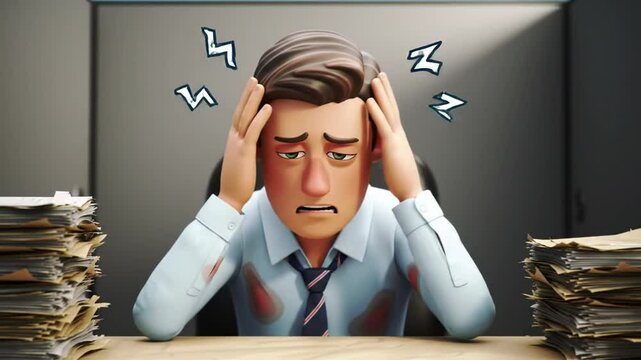 Overworked Cartoon Office Employee Stressed by Paperwork