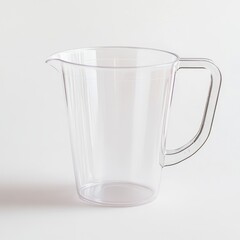 Clear plastic pitcher with handle, isolated on white background.