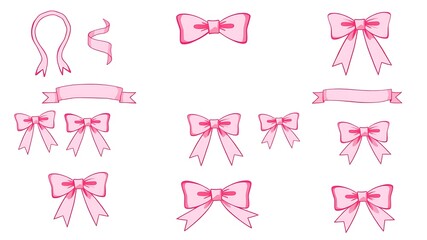 Collection of hand drawn pink ribbons and bows for decorative design elements.