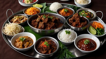 Obraz premium Buffet-style beef rendang in stainless tray with garnishes and traditional side dishes under warm lighting.