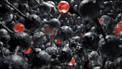 CGI animation of coal's molecular structure: Cross-section view of carbon atoms and bonds.