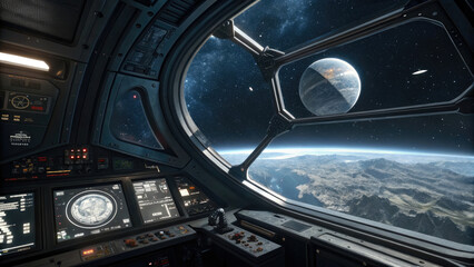 Obraz premium Sci-Fi Interior with Circular Window and Starry Sky