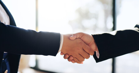 Agreement, B2B and handshake with business people in office for achievement or congratulations....