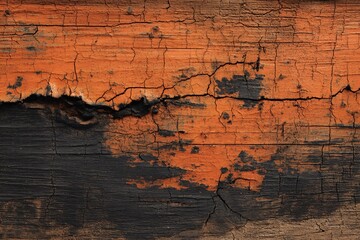 Orange background featuring charred wood with visible cracks, illustrating damage and wear.