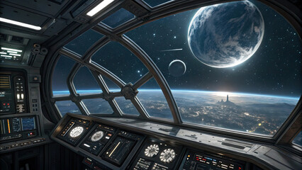 Obraz premium Space Station Cockpit with Planet View