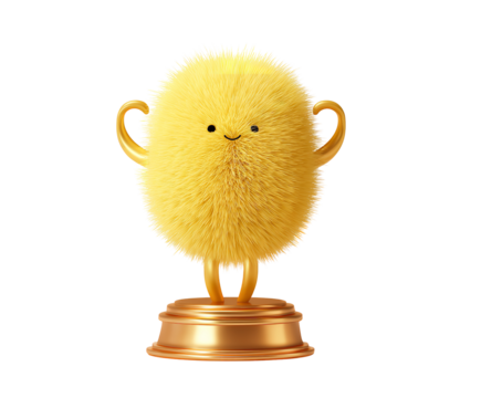 Furry Yellow Champion Award Character Happy Trophy Mascot Graphic Design on transparent background - Powered by Adobe