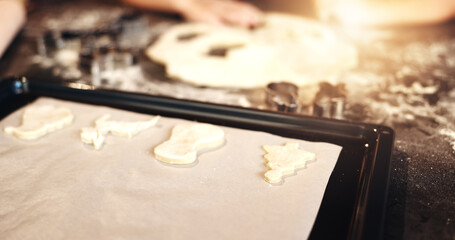 Christmas cookies, baking paper and dessert for holiday celebration in home kitchen. Biscuit preparation, bake and food on oven tray for tasty meal, festive snack and hands of person cooking treats