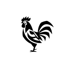 A stylized rooster with bold geometric lines and detailed feathers, illustrated in black-and-white for a modern, striking look.