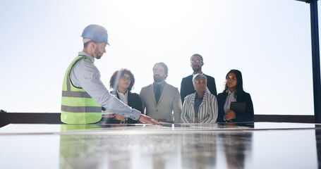 Meeting, solar panel and engineer with business people outdoor for photovoltaic, property and...