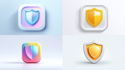Four 3D rendering security shields on different backgrounds, illustrating concepts of safety and protection