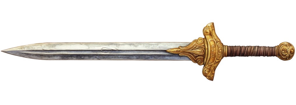 Ornate sword with a long, steel blade and gold hilt