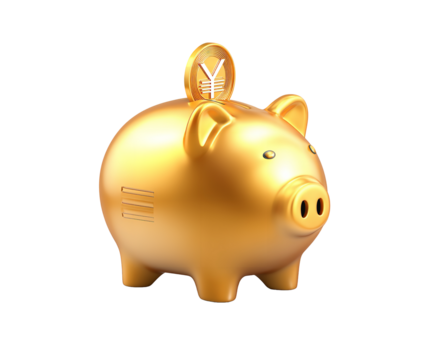 Golden Piggy Bank with Yen Coin for Savings Success Finance Investment on transparent background