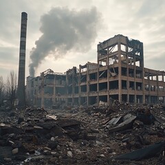 Old factory buildings destroyed. Ruins of industrial enterprise, dark debris destroyed factory premises in factory as result of economic crisis and earthquake.