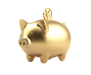 Golden Piggy Bank with Yen Coin Financial Prosperity and Wealth Savings on transparent background