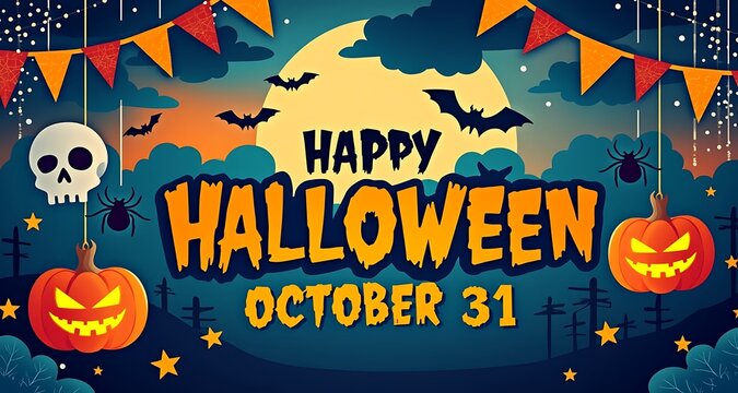 Happy halloween october 31st greeting with pumpkins bats skull spiders and festive bunting
