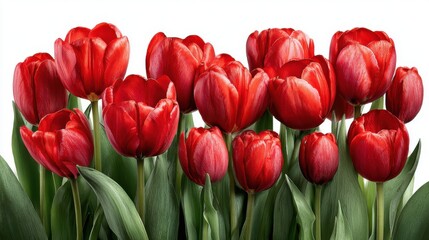 A striking arrangement of bright red tulips showcases their delicate petals and lush green leaves, perfect for uplifting spring decorations and floral arrangements.