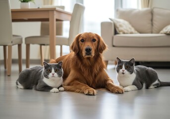 Golden Retriever, British Shorthair Cats Relaxing in a Cozy Home