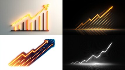 Glowing neon charts rising, depicting financial growth on various backgrounds, for business presentations