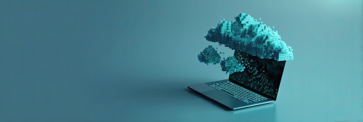 A minimalist illustration of a laptop with a pixelated bullhorn erupting digital smoke clouds The scene is in