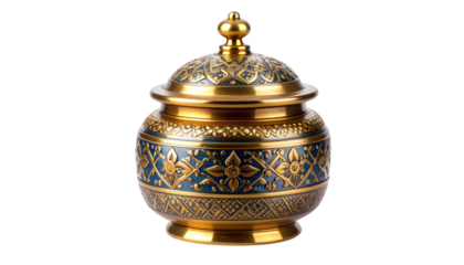 Ornate gold and blue decorative bowl isolated on transparent background